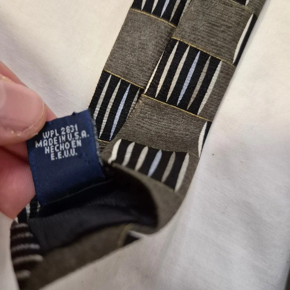 Milano Uomo Tie Mens Xtra-Long‎ Grey Black Geometric Silk Block Pattern USA